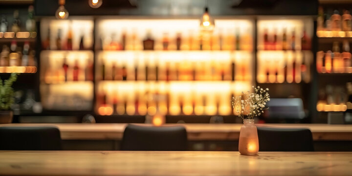 empty  table on Blurred bar background with shelves of bottles and chair in Luxury modern restaurant or hotel interior design, 
