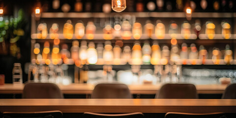  empty  table on Blurred bar background with shelves of bottles and chair in Luxury modern restaurant or hotel interior design, 
