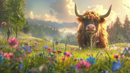 An enchanting illustration unfolds as a majestic Highland cow adorned with playful bunny ears stands amidst a vibrant field of wildflowers.  