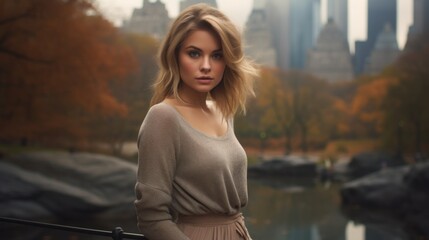 Beautiful young Scandinavian woman with a curvaceous figure, capturing cityscapes in the central park