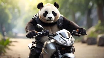 Wandaufkleber Decisive Panda Riding a Motorcycle: An Unsteady and Exciting Adventure - Funny Animal Scene © Ashan