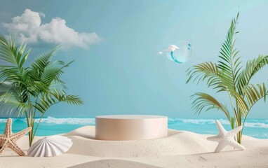 Summer tropical background, Podium on sand beach on sea background, Mock up for the exhibitions, Presentation of products, 3d render