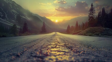 Empty old paved road in mountainous area at sunset