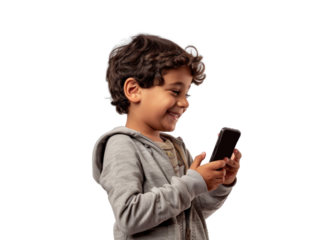 Smiling Boy with Phone on Transparent Background