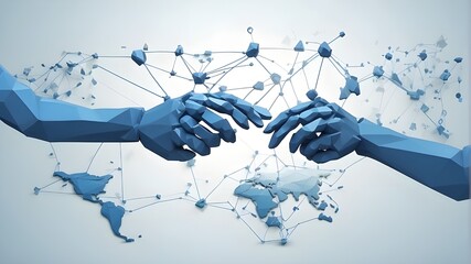 a simple illustration of networking - a blue, low-poly connectivity handshake - the core of business alliances and teamwork - the synergy of connectivity