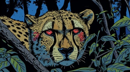   A painting of a cheetah in a tree with red eyes and a bloodied left eye - obrazy, fototapety, plakaty