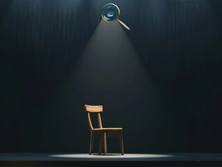 A stage with a single spotlight on a chair and a magnifying glass above, metaphor for performance under evaluation - obrazy, fototapety, plakaty