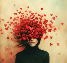 Generative ai portrait of a woman's face with her eyes covered with red hearts