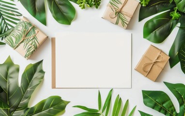 Tropical palm paper with box, envelope and white paper. Flat lay, nature concept, mockup 