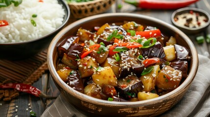 Chinese cuisine: Di San Xian. potatoes, eggplants and peppers are fried in boiling oil, and stewed in garlic sauce, and served with white rice.
