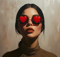 Generative ai portrait of a woman's face with her eyes covered with red hearts