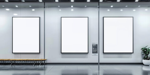  empty white blank  vertical rectangle frame mockup in airport, A blank white billboard on white wall, .Mock up Billboard Media Advertising Poster banner template in airport  waiting room