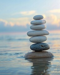 Fototapeta na wymiar Zen rocks stacked on a tranquil shore, symbolizing balance and focus in strategic business planning