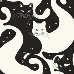 Modern fabric design, abstract yin yang with cat silhouettes, seamless, bold black and white, minimalist style