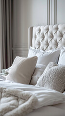 Close-up of a tufted headboard in a contemporary bedroom, scandinavian style interior