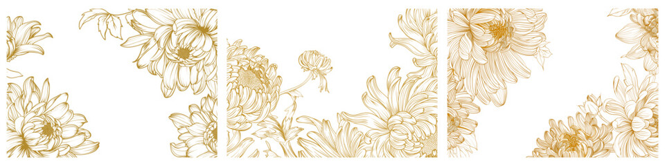 Fototapeta na wymiar chrysanthemum flower pattern, gold, hand drawing, duotone. Vector illustration for invitation card, wedding, pregnant woman with free space for text.