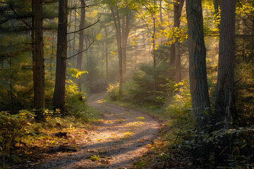 A Serene Hiking Trail Bathed in Dappled Sunlight Amidst the Vibrant Foliage of a New Jersey Forest