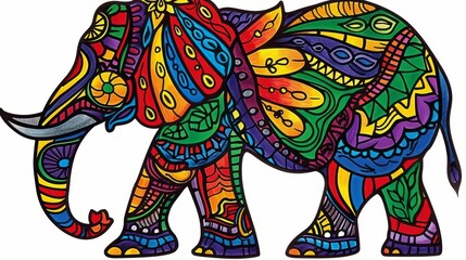   A colored elephant drawing with patterned body and tusks on its back