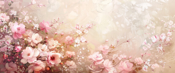 Banner, background, soft pink and white flowers, painted backdrop with texture, light pastel colors, delicate floral pattern, watercolour painting, vintage style.