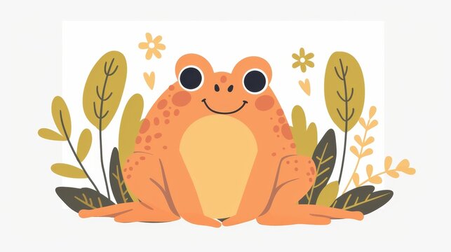   A smiling orange frog sits amidst a lush green plant area, surrounded by leaves