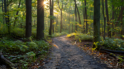 A Serene Hiking Trail Bathed in Dappled Sunlight Amidst the Vibrant Foliage of a New Jersey Forest