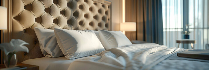 Close-up of a tufted headboard in a contemporary bedroom, hyperrealistic photography of modern interior design