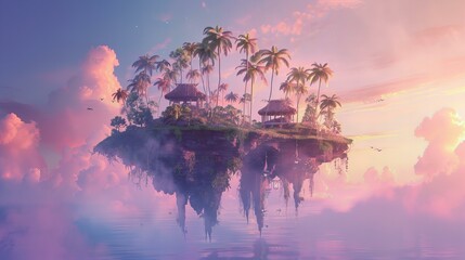 Ethereal floating islands at sundown, Melanesian huts, palm trees, dreamy atmosphere.