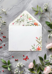 Greeting card mockup, blank wedding invitation, copy space, white sheet of paper lying on the table.