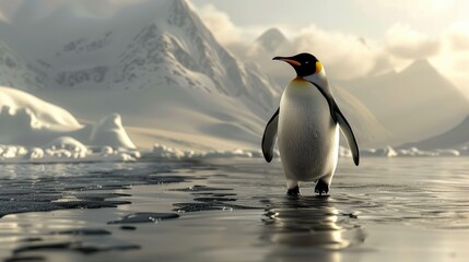 Emperor penguins walk across a molten landscape. Endangered species - obrazy, fototapety, plakaty