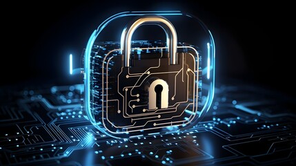 Cyber Security Padlock on Futuristic Digital Circuitry - Data Protection Concept with High-Tech Network Encryption and Digital Shield