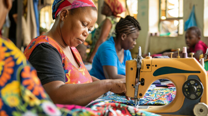 African seamstress sewing colorful fabrics, showcasing the vibrant craft and textile industry in local communities