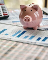 Piggy bank on top of budget reports and financial calculations, signifying the importance of...