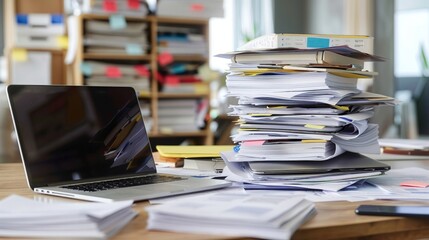 An office desk piled high with documents and a laptop displaying an overflowing inbox, epitomizing workload stress