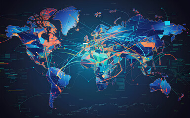 Abstract world map, concept of global network and connectivity, international data transfer and cyber technology, worldwide business, information exchange and telecommunication - obrazy, fototapety, plakaty
