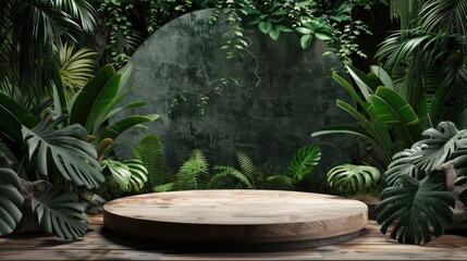 3D natural green product podium concept white perennial forest Cosmetics background, display stand, forest, studio, garden, beauty, presentation platform, simulation, tropical stone base