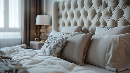 Close-up of a tufted headboard in a contemporary bedroom, modern interior design, scandinavian style hyperrealistic photography