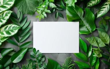 Tropical palm paper with box, envelope and white paper. Flat lay, nature concept, mockup