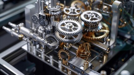 A crosssection of a clockwork mechanism, each gear labeled with a management function, illustrating the precision of business operations