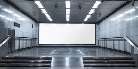 A mockup of an empty blank billboard on  modern subway station, with a white blank screen on a digital display , Billboard Banner signage, poster 