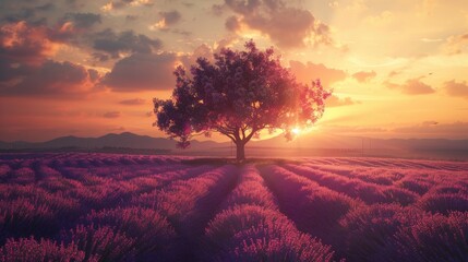 Lavender fields at sunset solitary tree - obrazy, fototapety, plakaty