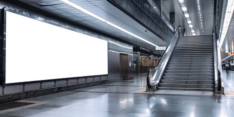 A mockup of an empty blank billboard on  modern subway station, with a white blank screen on a digital display , Billboard Banner signage, poster 