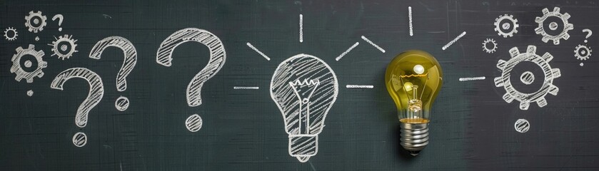 A chalkboard with a drawn light bulb and question marks around it, turning into gears and cogs, depicting the evolution of thought to innovation