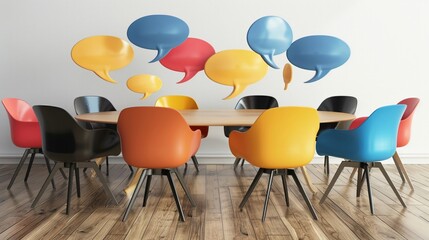 A roundtable with speech bubbles overlapping, symbolizing the integration of diverse viewpoints through team discussions