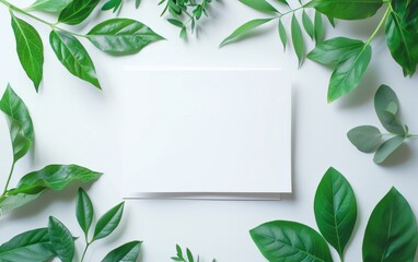 Tropical palm paper with box, envelope and white paper. Flat lay, nature concept, mockup