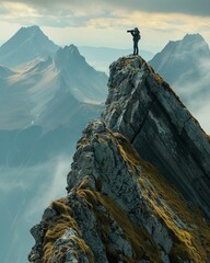A visionary at the peak of a mountain with binoculars, searching the vast landscape for opportunities, embodying longterm vision - obrazy, fototapety, plakaty