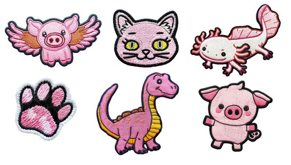 Obraz premium Cute kawaii embroidered patch badge set on transparent background