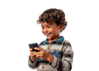 Boy with Phone Smiling on Transparent Background
