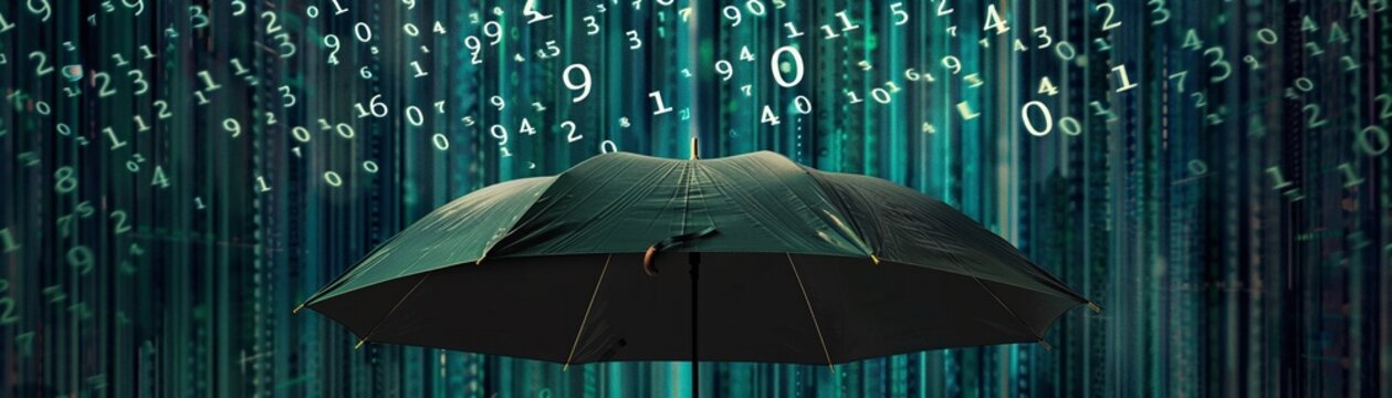 An umbrella open amidst a rain of falling numbers, representing financial protection and risk management in business