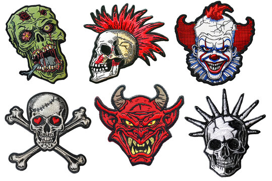 Creepy horror embroidered patch badge set on transparent background