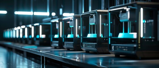 A row of 3D printers working in unison at a futuristic workshop